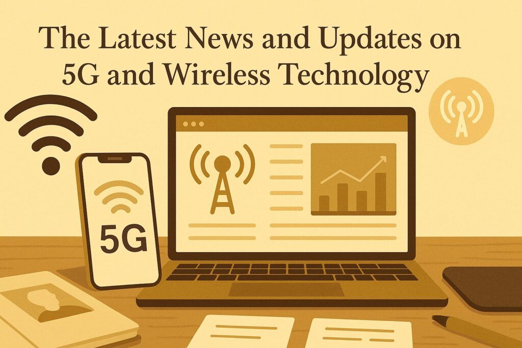 A digital tech setup with a smartphone, wireless signal icons, and a laptop showing network graphs, symbolizing the latest news and updates in 5G and wireless technology. The scene reflects speed, connectivity, and modern communication.