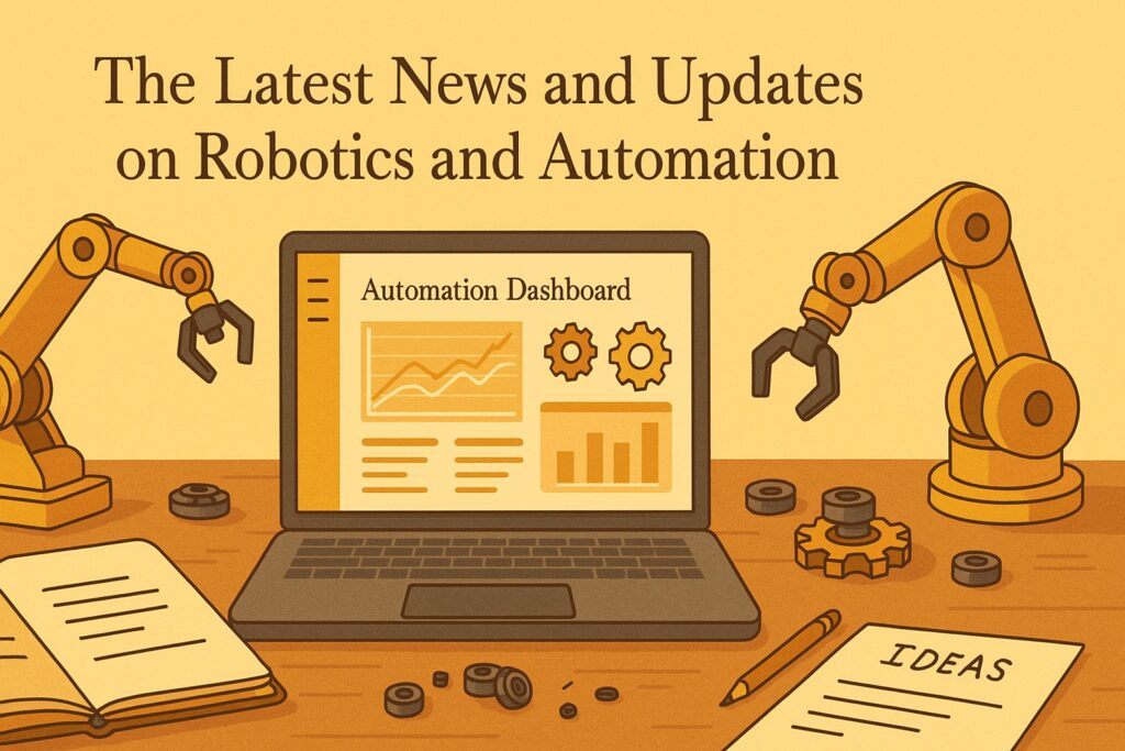 A modern tech workspace with robotic arms, automation dashboards on a laptop, and mechanical components on a table, symbolizing the latest news and updates in robotics and automation. The scene reflects progress, precision, and real-world applications.