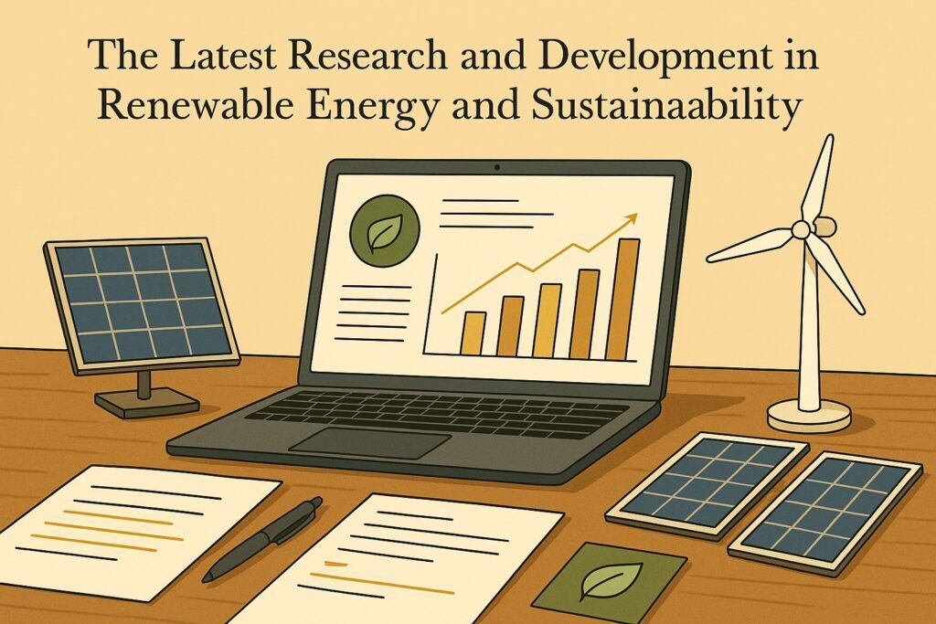 A clean energy workspace with solar panels, wind turbine models, and digital graphs on a laptop, symbolizing the latest research and development in renewable energy and sustainability. The scene reflects innovation, environmental focus, and scientific progress.