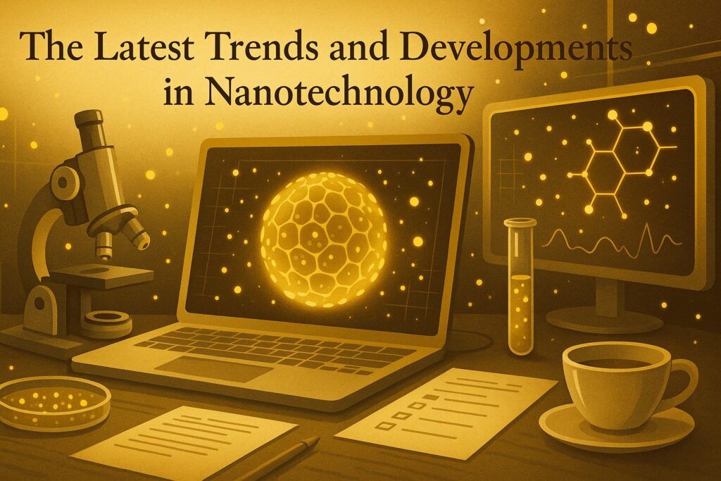 A futuristic lab scene with magnified nano-scale structures, glowing particles, and advanced research tools, symbolizing the newest trends and developments in nanotechnology. The image reflects innovation, precision, and cutting-edge science.