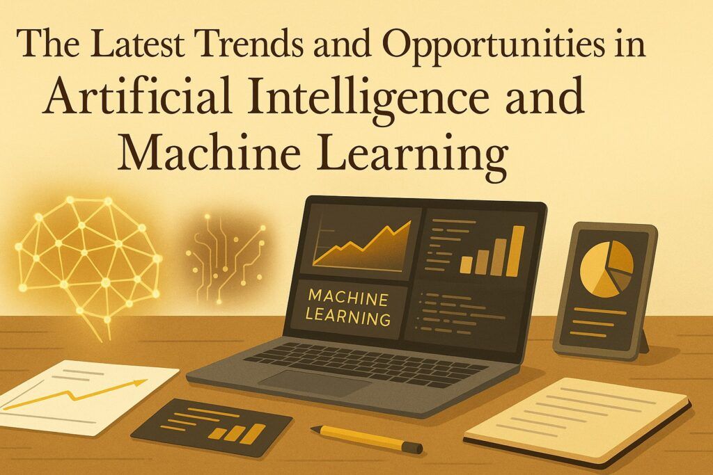 A modern AI-focused workspace with a laptop displaying machine learning dashboards, data charts, and glowing neural network graphics, symbolizing the latest trends and opportunities in artificial intelligence and machine learning. The scene reflects innovation, analysis, and forward-looking technology.