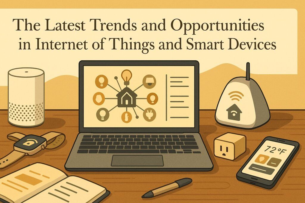 A modern tech workspace with smart devices, IoT sensors, a connected home hub, and a laptop displaying device networks, symbolizing the latest trends and opportunities in the Internet of Things. The scene reflects connectivity, automation, and real-time interaction.