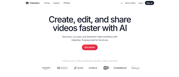 A digital workspace with a laptop displaying the VideoGen interface, timeline tools, and video template previews, symbolizing the use of VideoGen for creating and editing videos quickly. The scene reflects creativity, automation, and streamlined production.