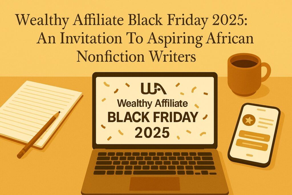 A clean promotional workspace with a laptop showing the Wealthy Affiliate Black Friday 2025 banner, alongside a notebook and warm earth-tone elements, symbolizing an invitation to aspiring African nonfiction writers to join and grow their skills.