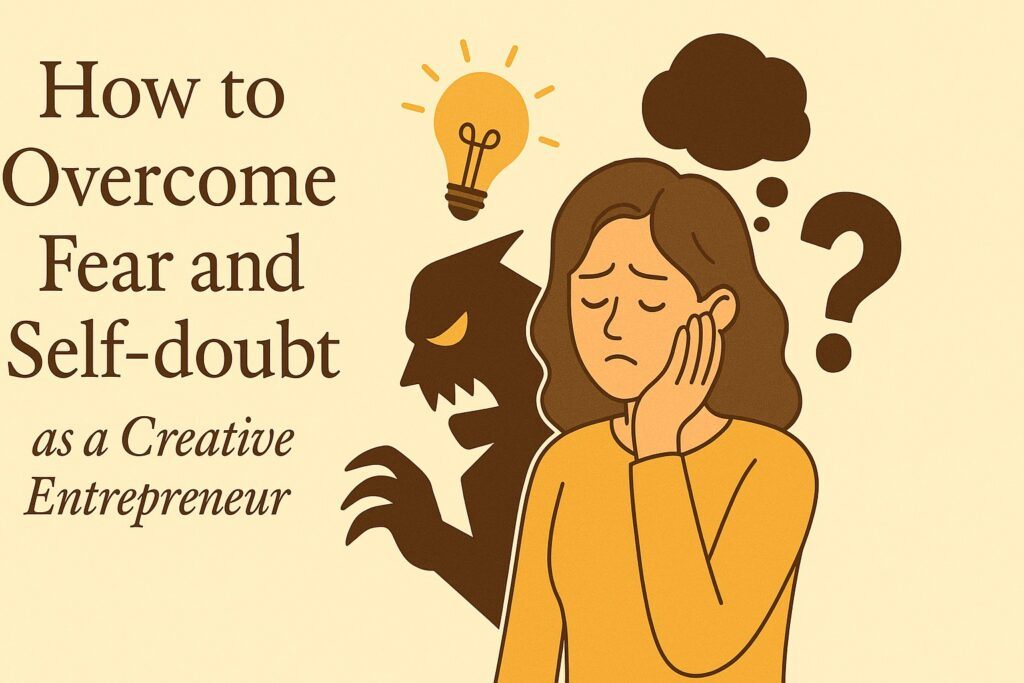 A creative entrepreneur’s desk with a sketchbook, laptop, and a soft light shining over encouraging notes, symbolizing the journey of facing fear and self-doubt. The scene reflects courage, growth, and inner confidence.