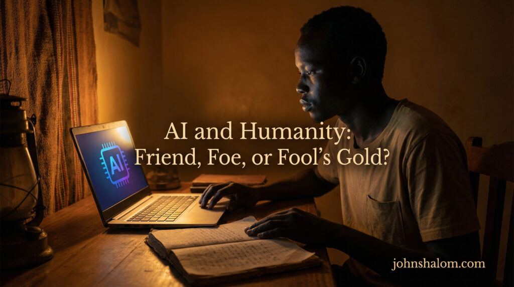 A person sits at a desk facing a laptop with a glowing AI icon, while their other hand rests on a notebook filled with handwritten thoughts.