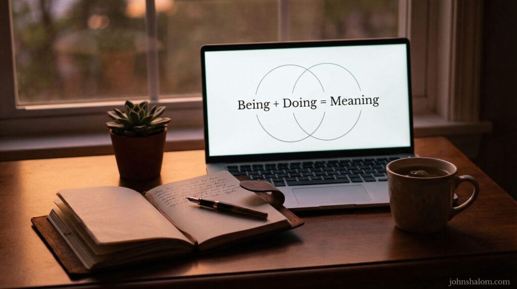 A calm reflective workspace with a journal, pen, and a softly lit laptop screen displaying the formula Being + Doing = Meaning, symbolizing the daily practice of aligning identity with action. The image reflects purpose, clarity, and intentional growth.