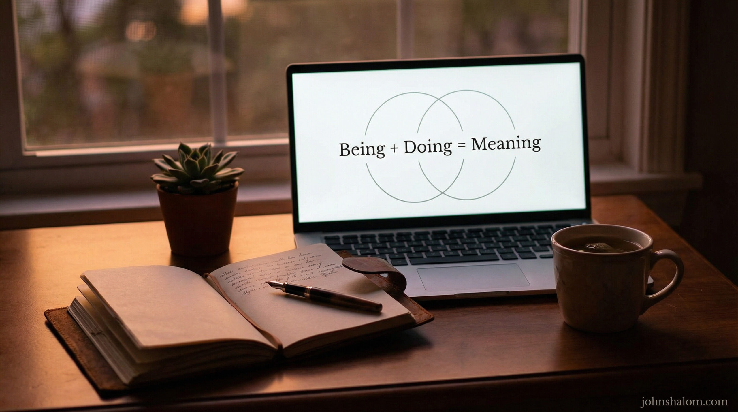 A calm reflective workspace with a journal, pen, and a softly lit laptop screen displaying the formula Being + Doing = Meaning, symbolizing the daily practice of aligning identity with action. The image reflects purpose, clarity, and intentional growth.