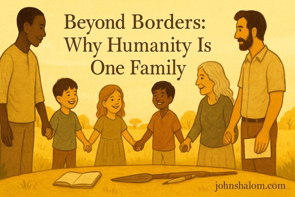 People from different cultures hold hands in a wide circle outdoors, with children standing among them and smiling.