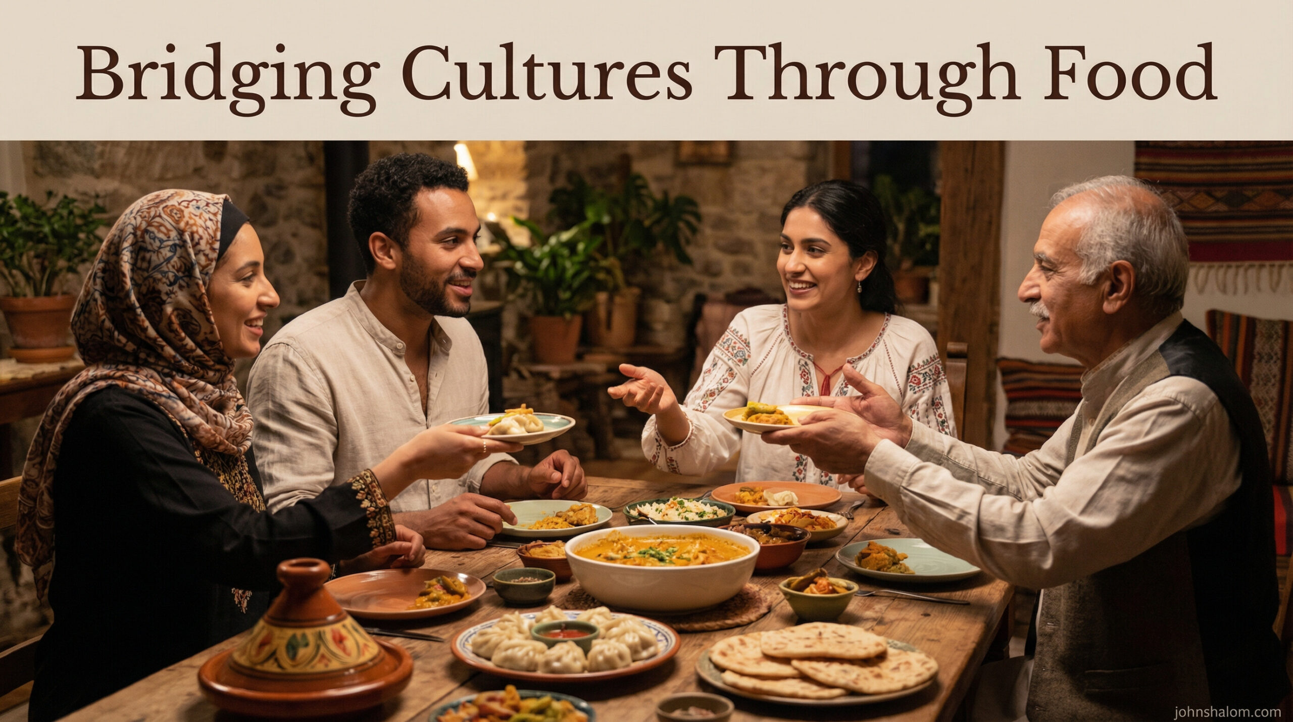 People from different backgrounds share a table, passing plates of mixed traditional dishes while smiling and talking.