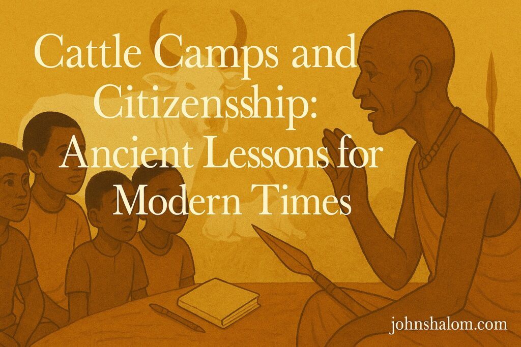 Young herders sit in a cattle camp listening to an elder speak, while a small notebook and pen lie beside a traditional spear.