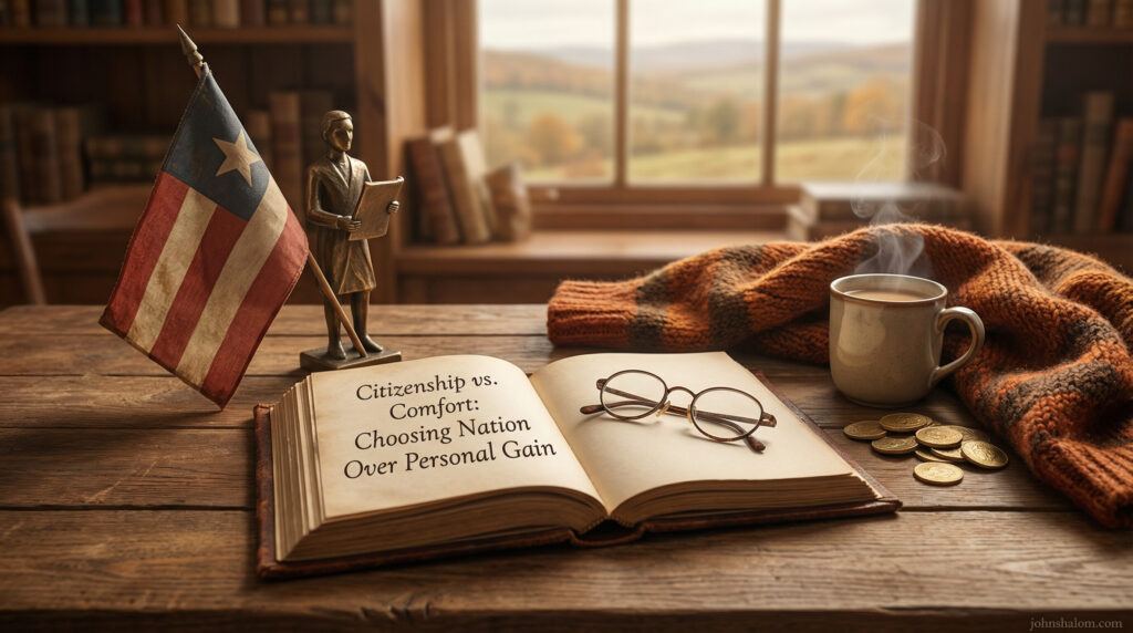 A symbolic scene with a national flag on one side and personal comfort items like a cozy chair or money stack on the other, representing the tension between choosing national responsibility and individual comfort. The image reflects duty, sacrifice, and civic maturity.