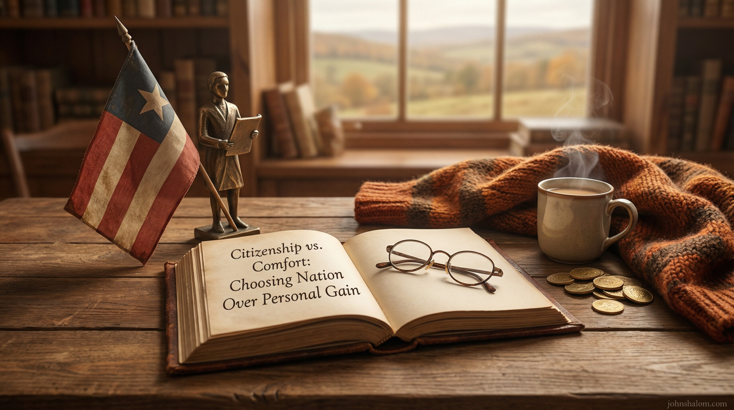 A symbolic scene with a national flag on one side and personal comfort items like a cozy chair or money stack on the other, representing the tension between choosing national responsibility and individual comfort. The image reflects duty, sacrifice, and civic maturity.