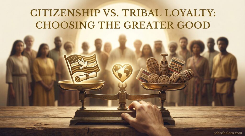 A symbolic scene featuring a pair of scales balancing national symbols on one side and tribal symbols on the other, representing the tension between citizenship and tribal loyalty. The scene reflects choice, responsibility, and societal unity.