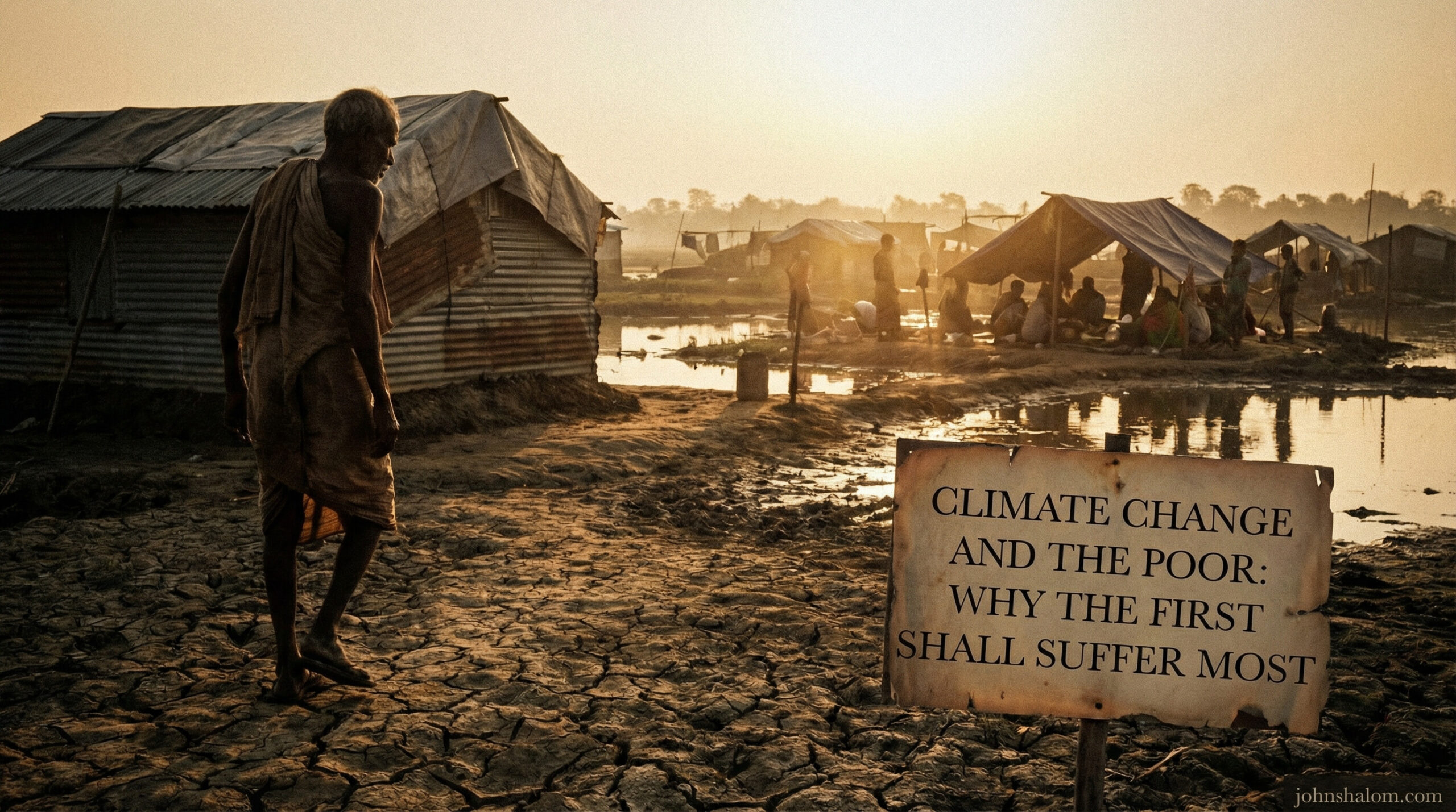 A stark scene showing vulnerable communities facing drought, flooding, or extreme heat, symbolizing how climate change affects poor populations first and most severely. The image reflects inequality, exposure, and environmental injustice.