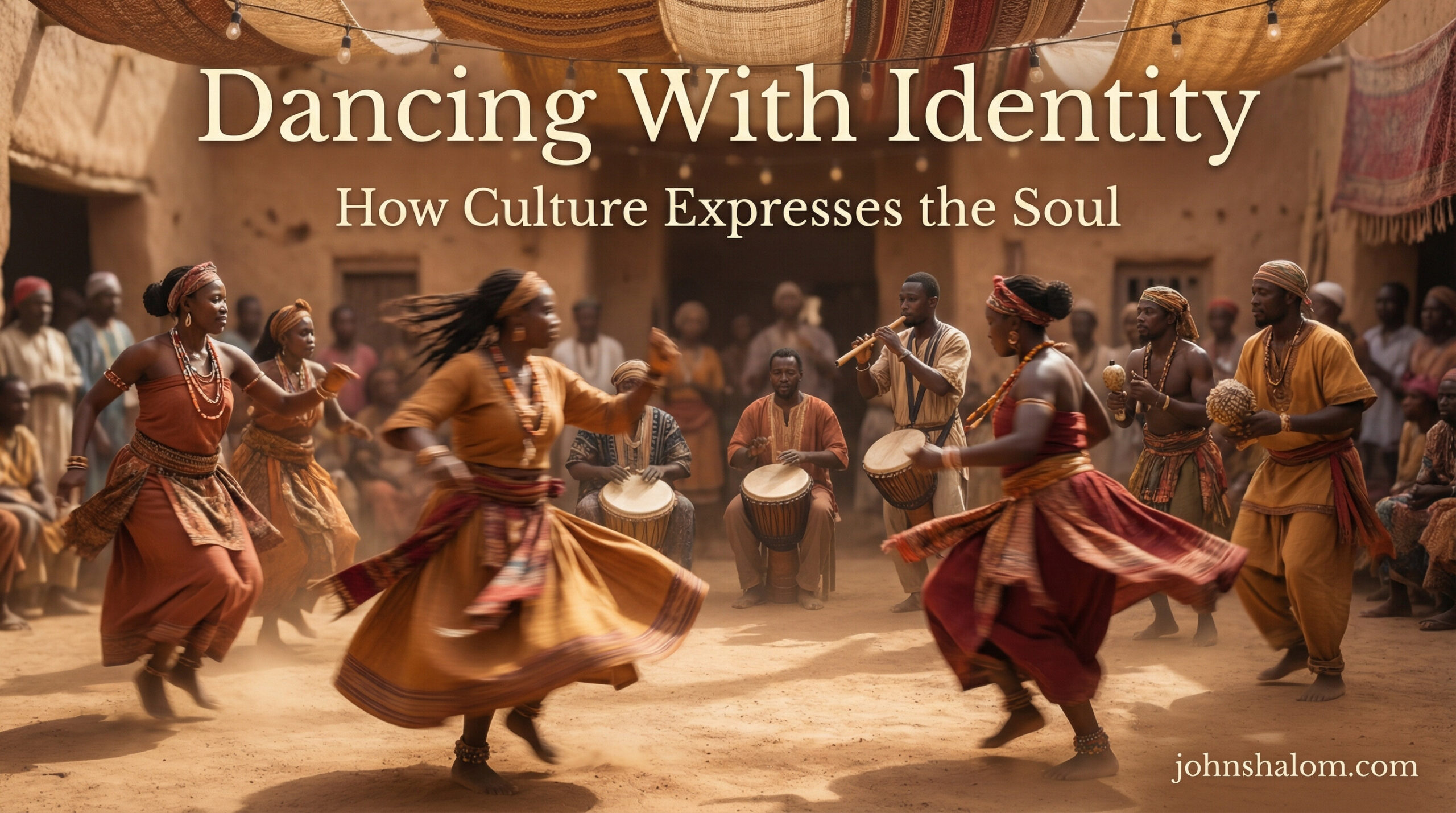 A vibrant cultural scene with traditional dancers in motion, colorful attire, and rhythmic instruments, symbolizing how culture expresses identity and reveals the soul of a people. The image reflects heritage, movement, and deep-rooted expression.