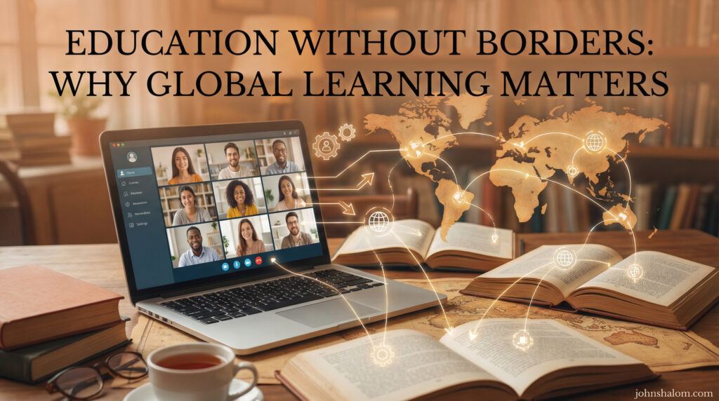 A global learning scene with a laptop, open books, and a world map connected by digital lines, symbolizing education without borders and the sharing of knowledge across nations. The image reflects access, connection, and lifelong learning.