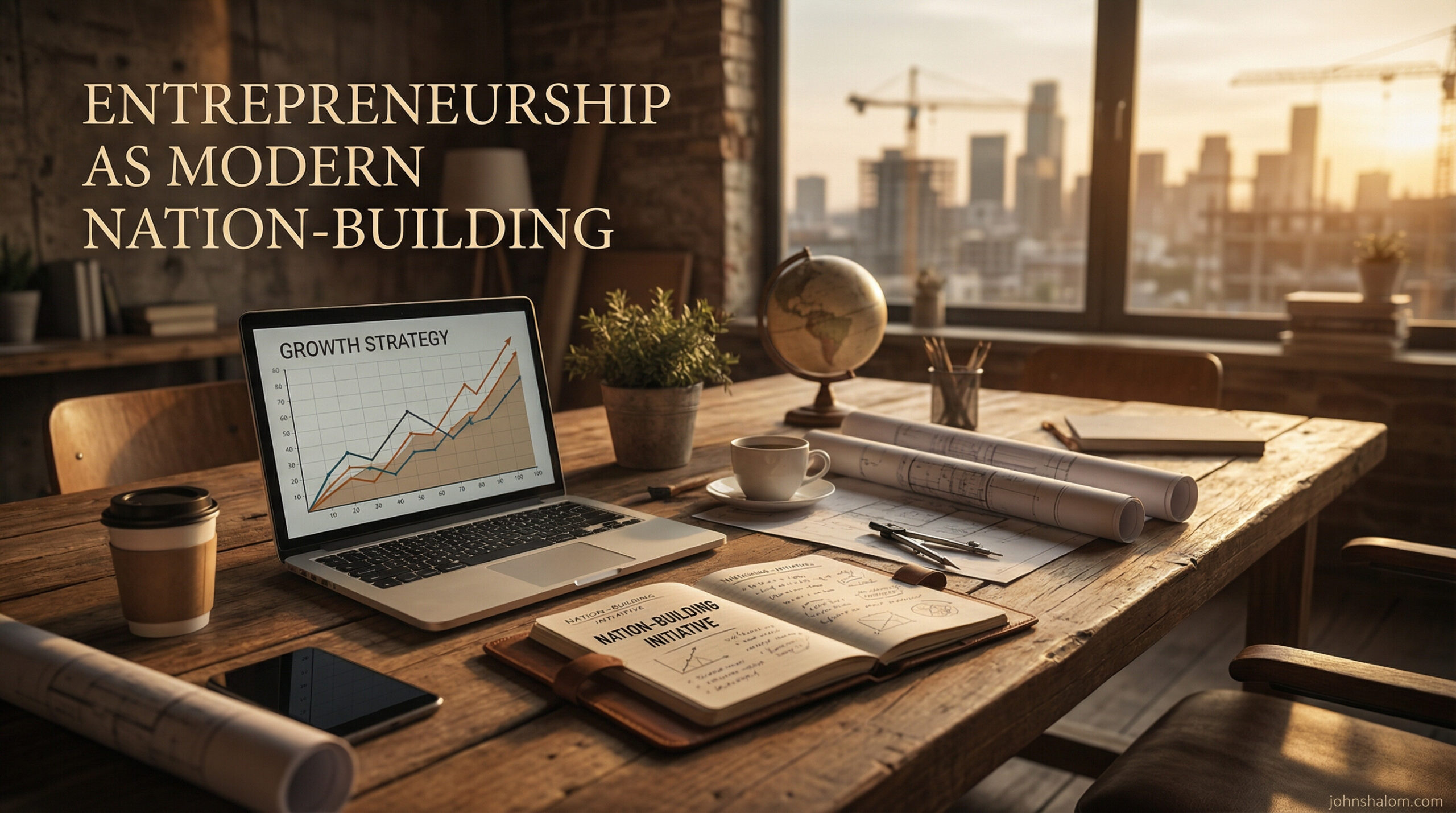 A modern entrepreneurial workspace with a laptop, business planning notes, and growth charts, symbolizing entrepreneurship as a contemporary force for nation-building. The image reflects initiative, responsibility, and collective progress.