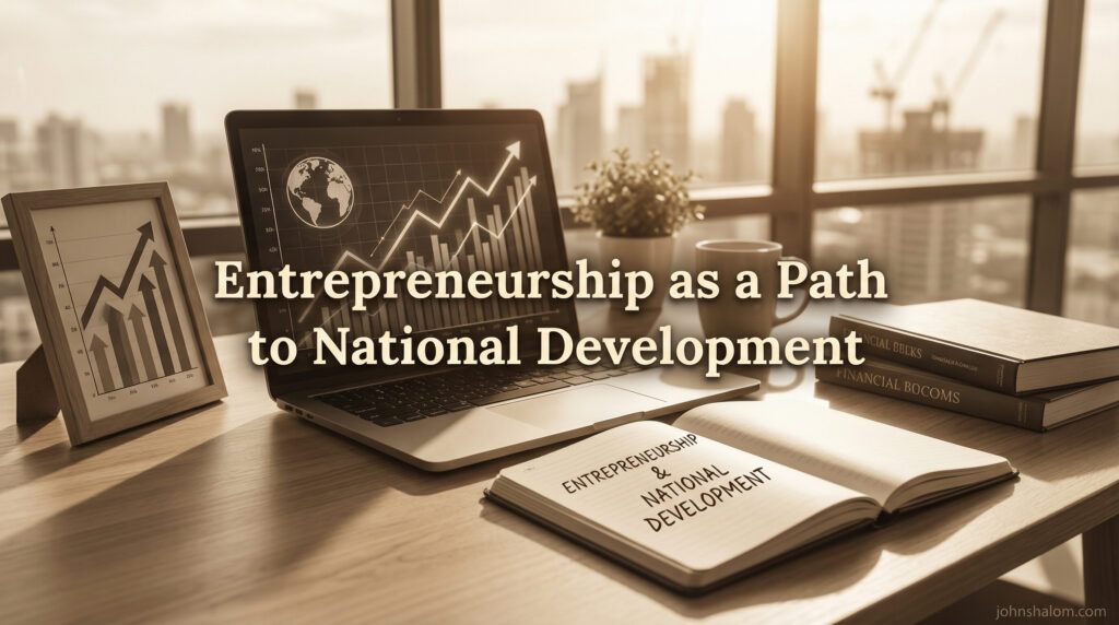 A modern business-focused workspace with a laptop, growth charts, and a notebook, symbolizing entrepreneurship as a driving force for national development. The image reflects innovation, progress, and opportunity.