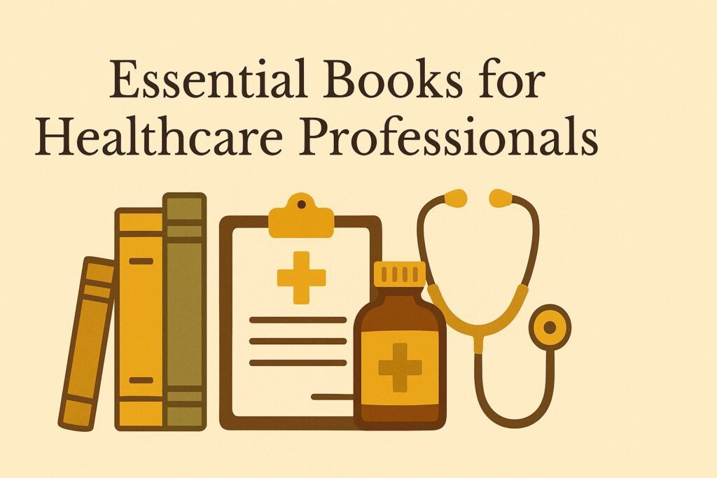 A stack of medical books with a stethoscope and coffee mug on a clean hospital desk