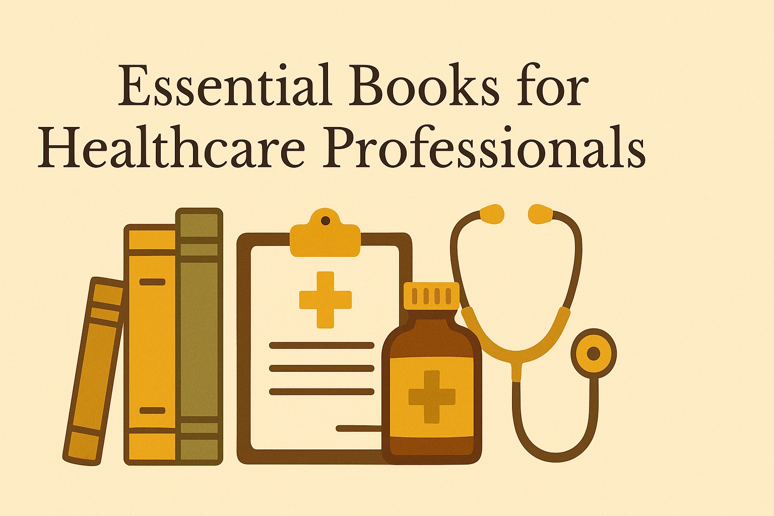 A stack of medical books with a stethoscope and coffee mug on a clean hospital desk