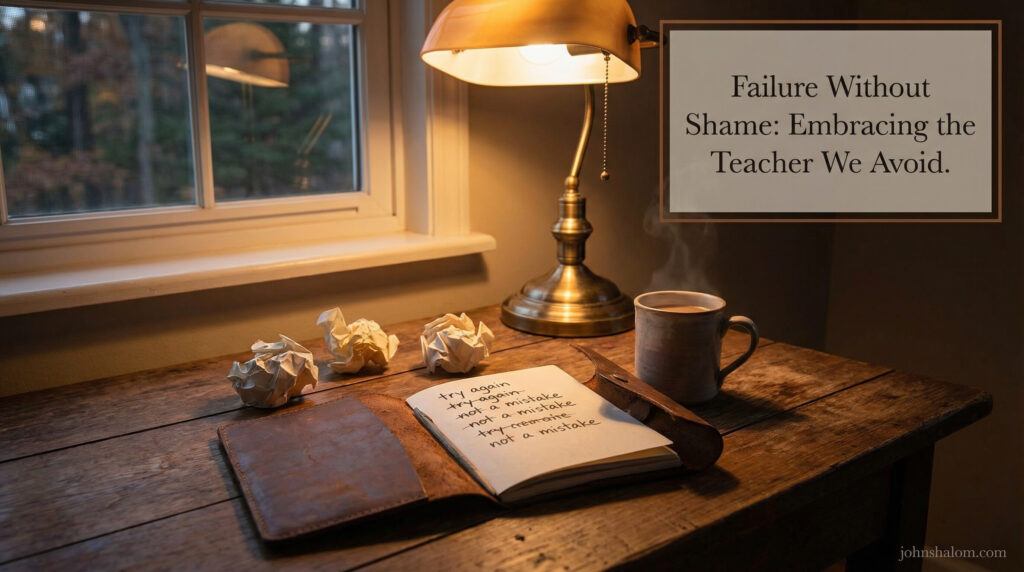 A reflective workspace with a journal, crossed-out notes, and a quiet light, symbolizing the courage to face failure without shame and learn from it. The image reflects growth, humility, and honest self-review.