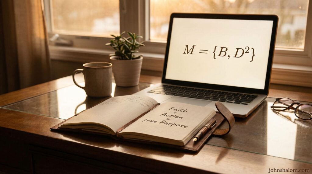 A reflective desk with a journal, a pen, and a laptop displaying the formula M = {B, D²}, symbolizing the connection between faith, action, and discovering true purpose. The image reflects clarity, intention, and meaningful living.