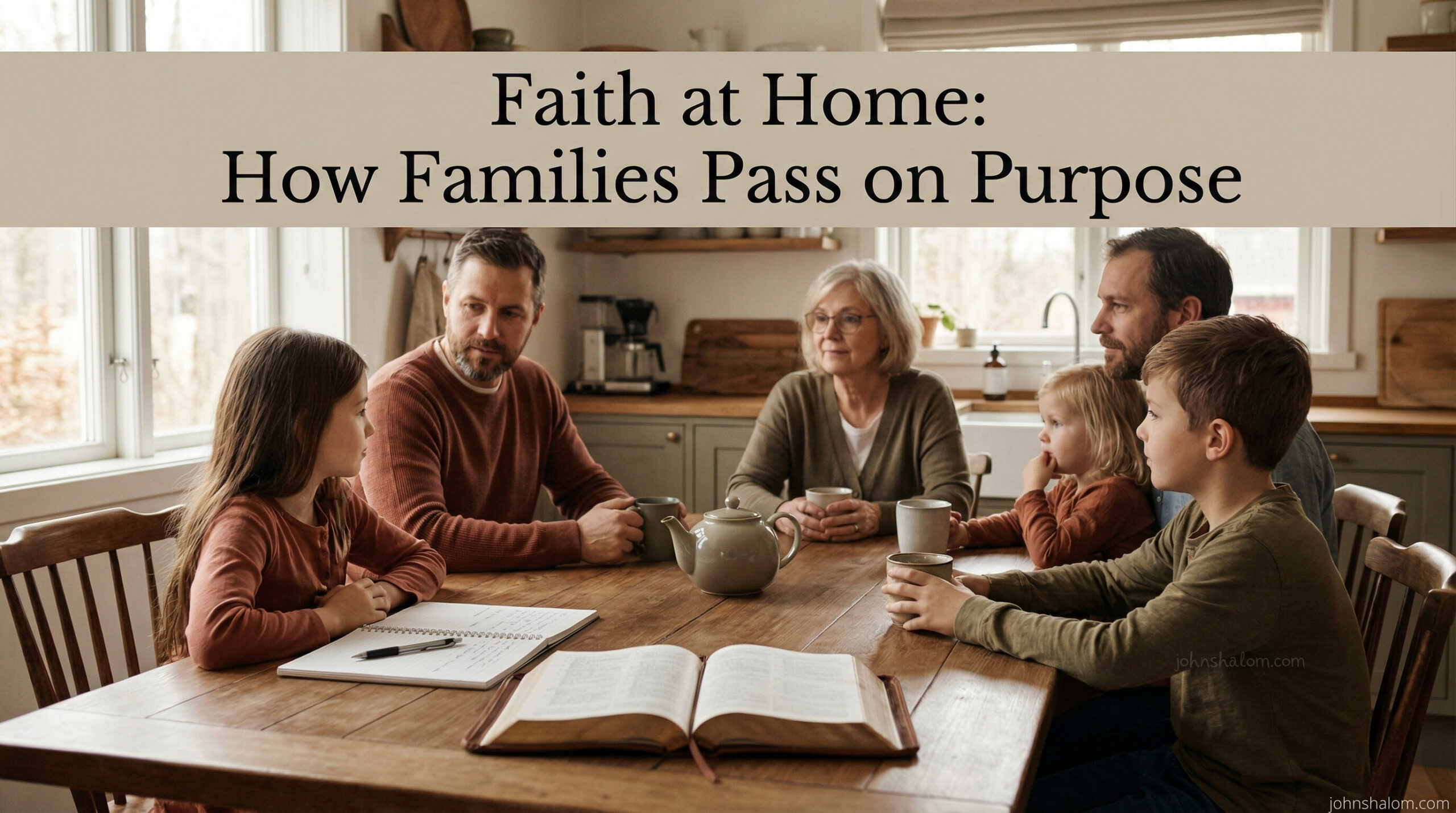 A warm family home scene with parents and children gathered around a table, a Bible and journal nearby, symbolizing how faith is lived and passed on within the family. The image reflects guidance, belonging, and shared purpose.