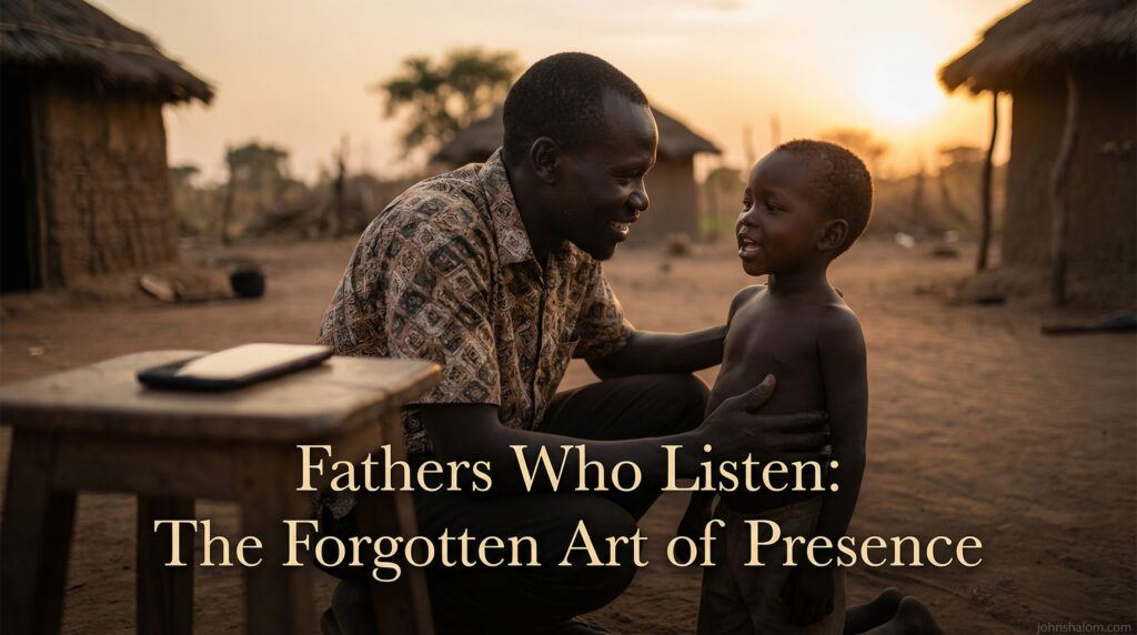 A father kneels to listen to his child at eye level, phone set aside, fully focused on the conversation.