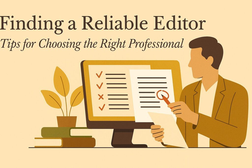 An editor reviewing a manuscript with a red pen beside a laptop and coffee cup