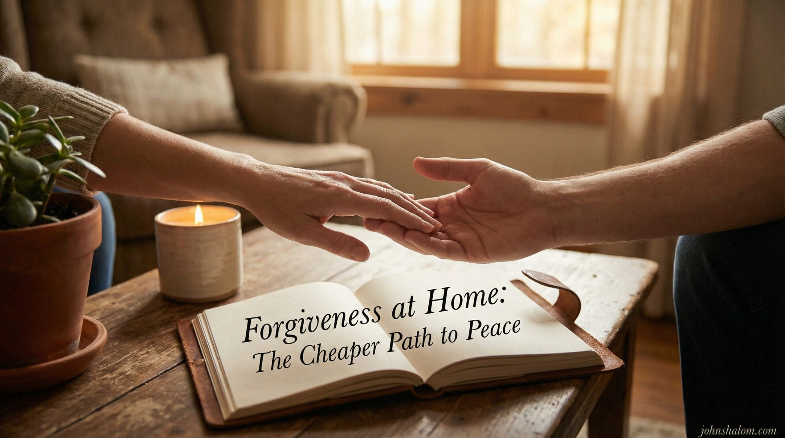 A peaceful home scene with a family journal, soft lighting, and two hands gently reaching toward each other, symbolizing forgiveness as a simple but powerful path to restoring peace at home. The image reflects healing, humility, and reconciliation.