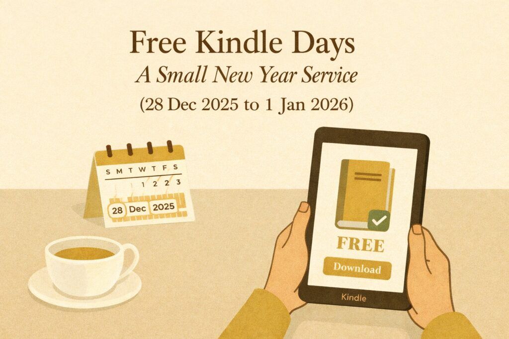 A person holds a Kindle reader showing a “Free” book download screen, with a small calendar marked 28 Dec 2025 to 1 Jan 2026 beside a cup of tea.