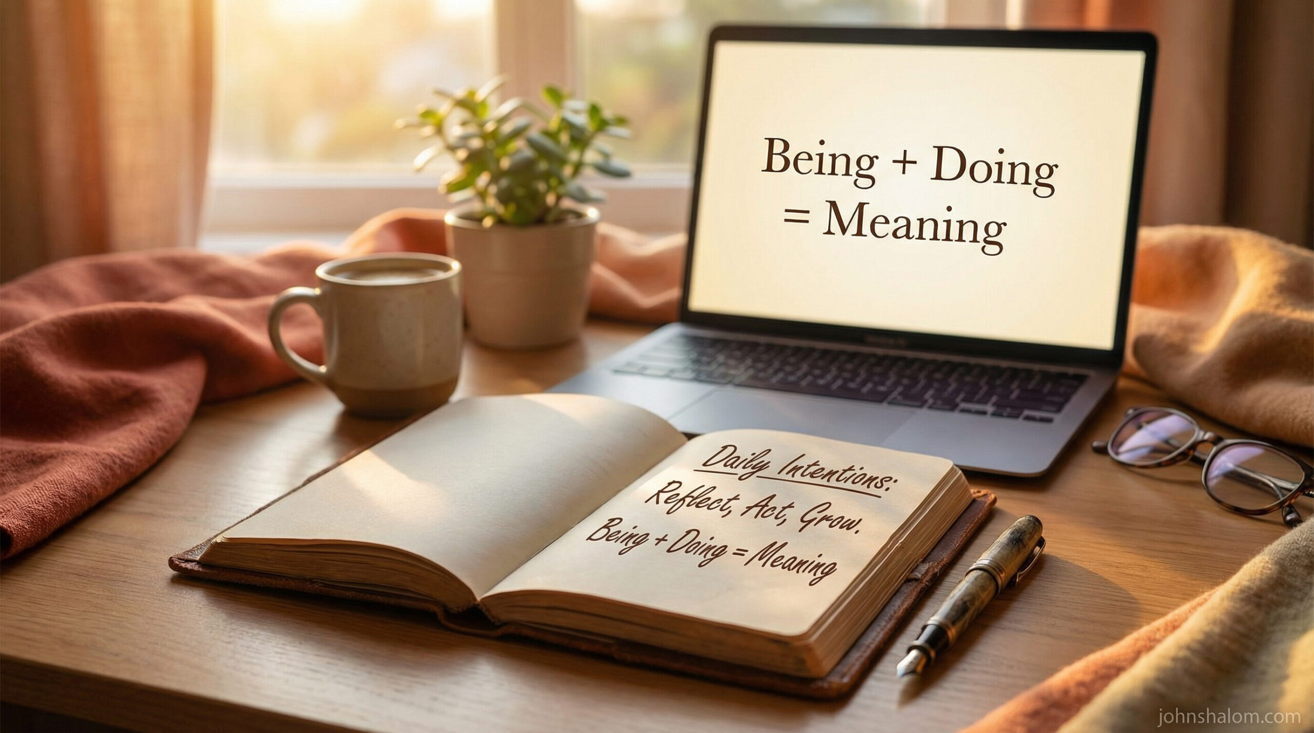 A reflective workspace with a journal open to daily intentions, a pen, and a softly lit laptop displaying the formula Being + Doing = Meaning, symbolizing the practice of turning dreams into action. The image reflects purpose, discipline, and steady growth.