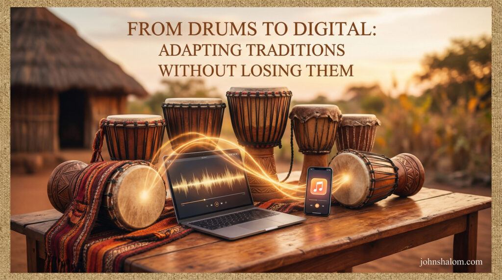 A symbolic scene blending traditional drums with modern digital devices like a laptop or smartphone, representing the transition from ancestral traditions to digital expression without losing cultural roots. The image reflects continuity, adaptation, and cultural balance.