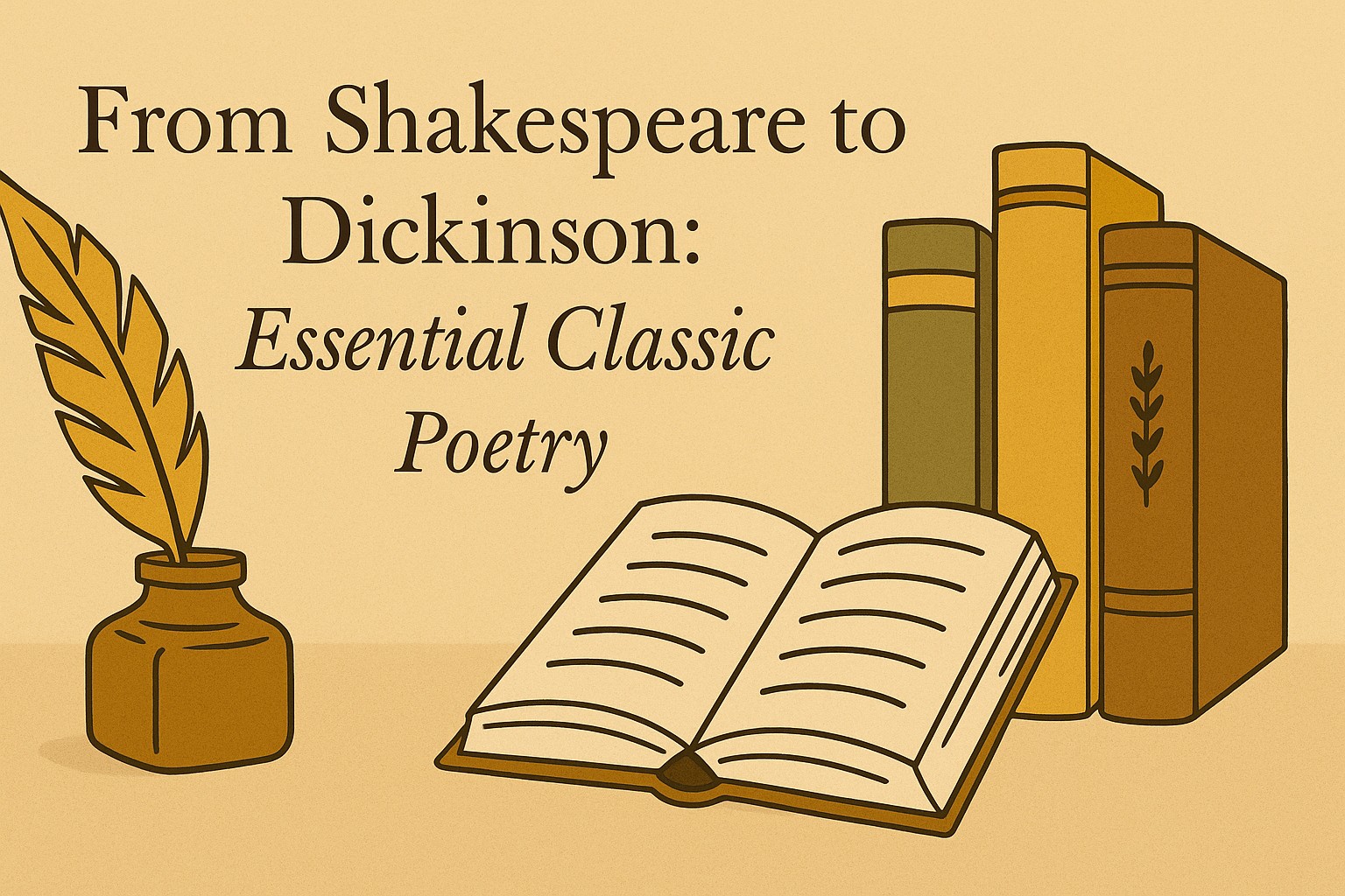 An open book of poetry with a feather quill resting on its pages beside soft candlelight