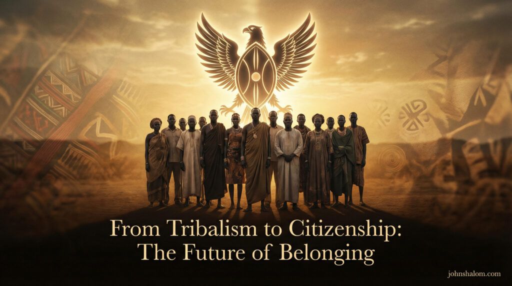 A symbolic scene with people standing together beneath a national emblem while traditional cultural patterns remain visible in the background, representing the transition from tribal loyalty to shared citizenship. The image reflects belonging, unity, and evolving identity.