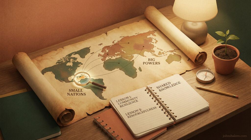 A symbolic global scene with a small nation highlighted on a world map beside larger countries, along with notebooks and simple tools, representing how local experiences offer lessons during global crises. The image reflects humility, resilience, and shared learning.