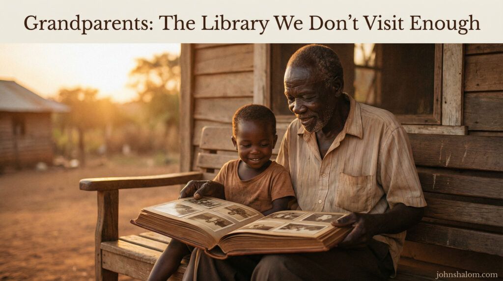 A grandparent and grandchild sit together on a porch, looking through an old photo album with gentle smiles.