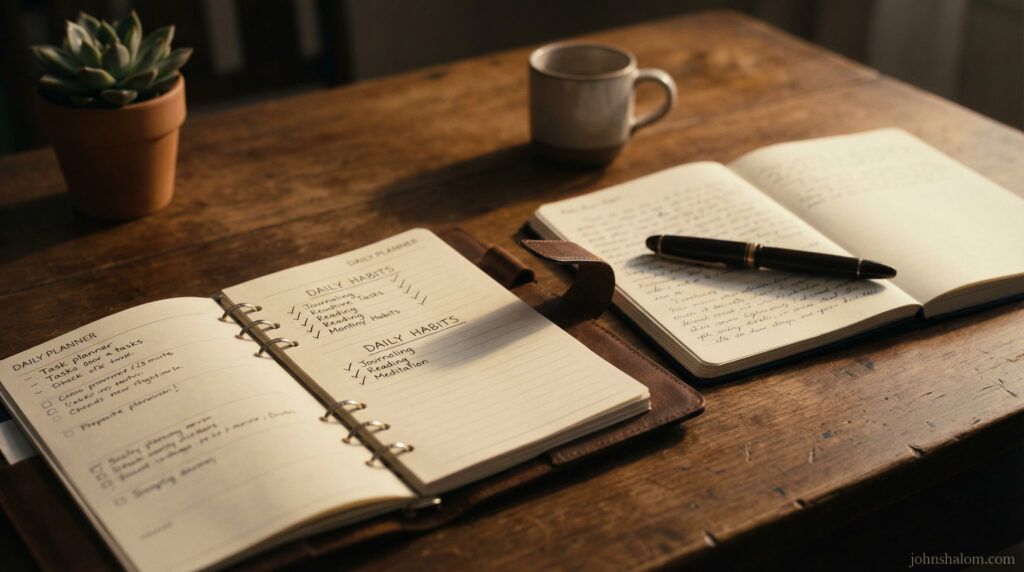 A calm, disciplined workspace with a daily planner, a checked habit list, and a pen resting beside an open notebook, symbolizing routines that continue even when motivation fades. The image reflects consistency, structure, and quiet commitment.
