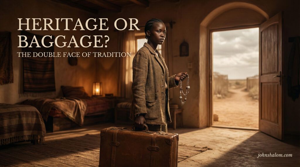 A young adult holds an old family heirloom in one hand and a heavy suitcase in the other, paused between an open doorway and a home interior.