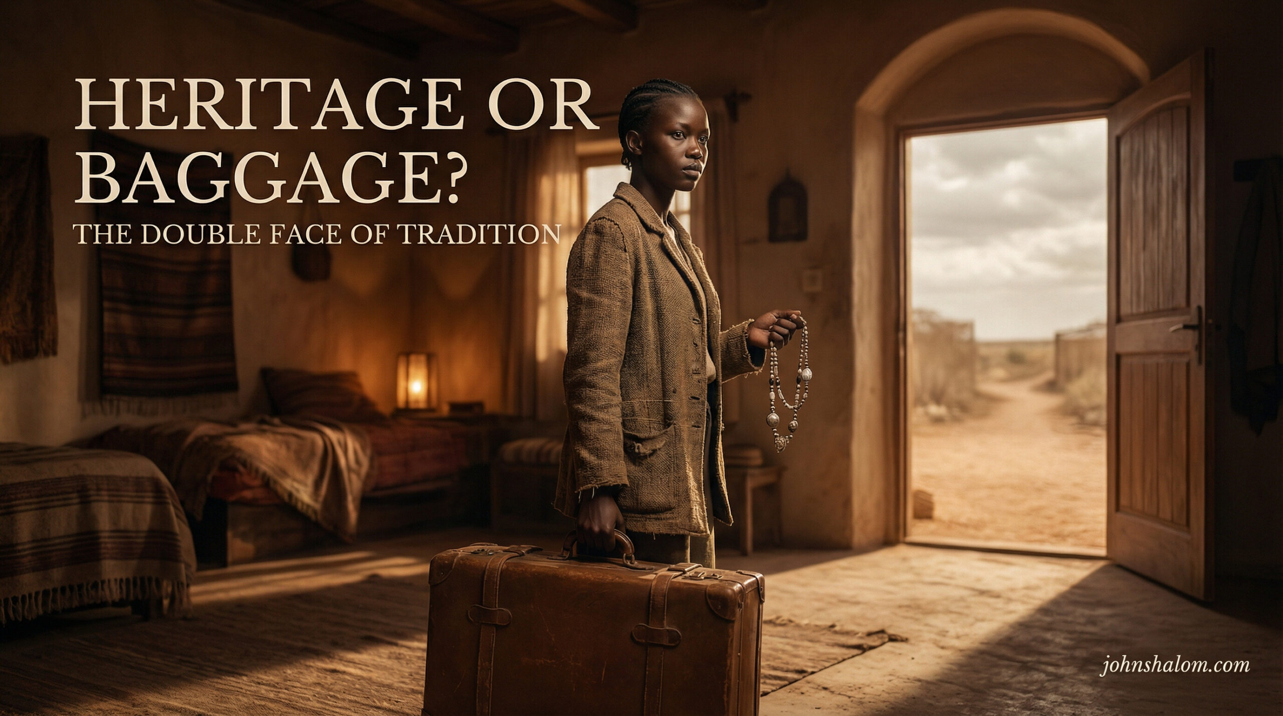 A young adult holds an old family heirloom in one hand and a heavy suitcase in the other, paused between an open doorway and a home interior.