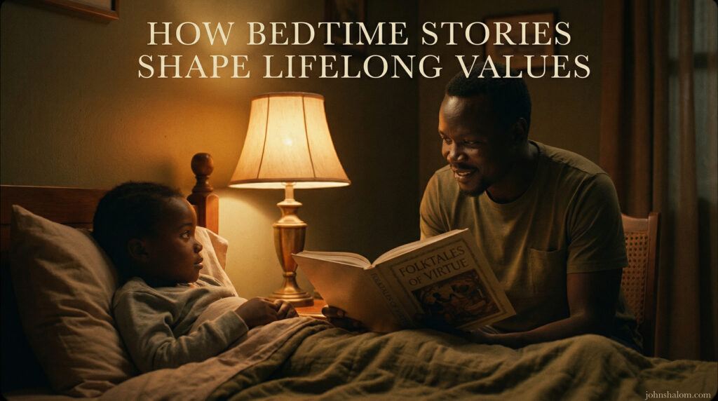 A parent reads a storybook to a child in bed, with a warm lamp lighting both faces as the child listens closely.