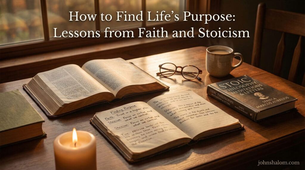 A reflective desk with a Bible, a Stoic philosophy book, and a journal open to handwritten notes, symbolizing the search for life’s purpose through faith and Stoicism. The scene reflects wisdom, clarity, and inner grounding.