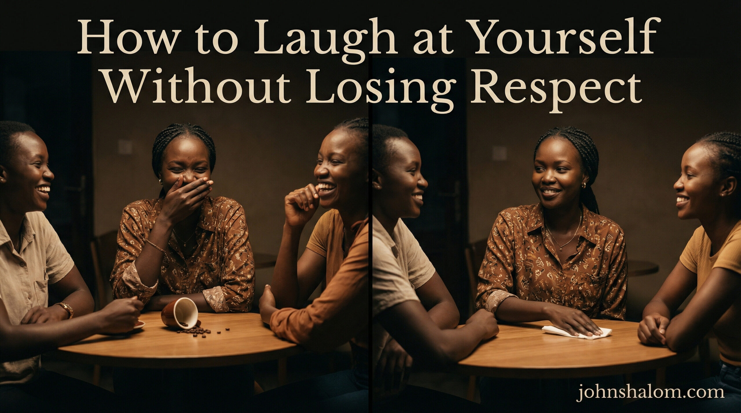A person laughs after making a small mistake in front of friends, then calmly corrects it with a confident smile.