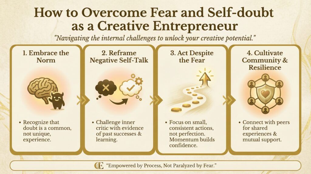 A creative desk with a journal, soft lighting, and a laptop, symbolizing the emotional journey of overcoming fear and self-doubt as a creative entrepreneur. The scene reflects courage, self-belief, and steady inner growth.