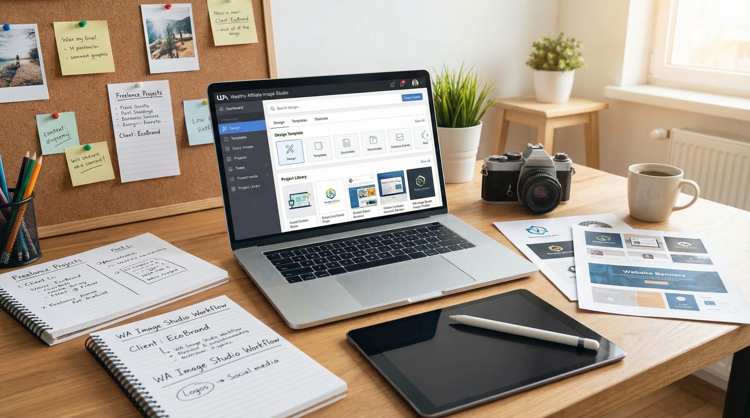 A digital workspace with a laptop displaying the Wealthy Affiliate Image Studio, surrounded by design notes and sample graphics, symbolizing how creators can use Image Studio as a freelance hub for producing visuals.