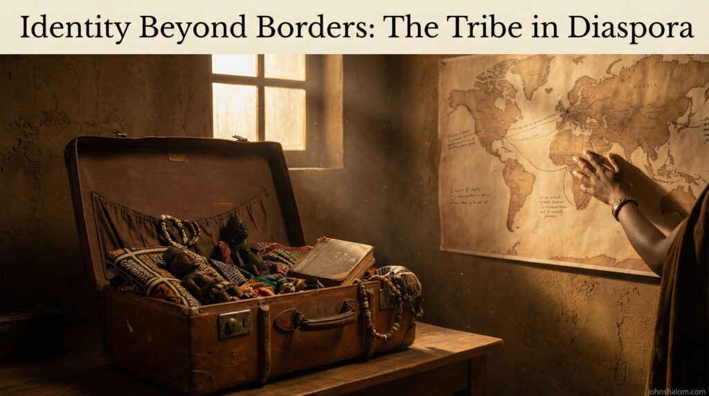 A reflective scene with a suitcase, traditional cultural items, and a world map, symbolizing tribal identity carried across borders by people living in the diaspora. The image reflects belonging, movement, and cultural continuity.
