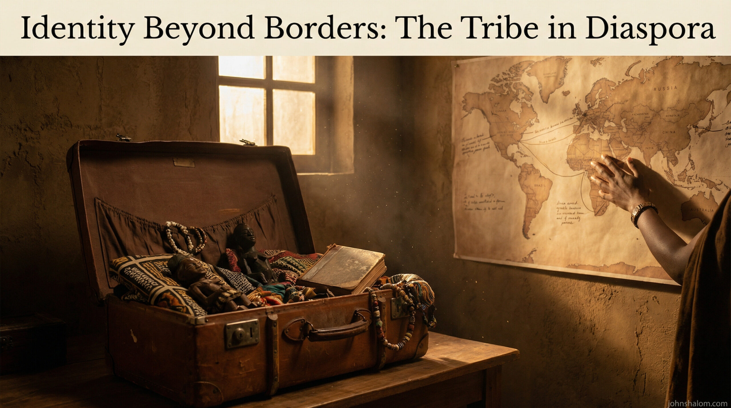 A reflective scene with a suitcase, traditional cultural items, and a world map, symbolizing tribal identity carried across borders by people living in the diaspora. The image reflects belonging, movement, and cultural continuity.
