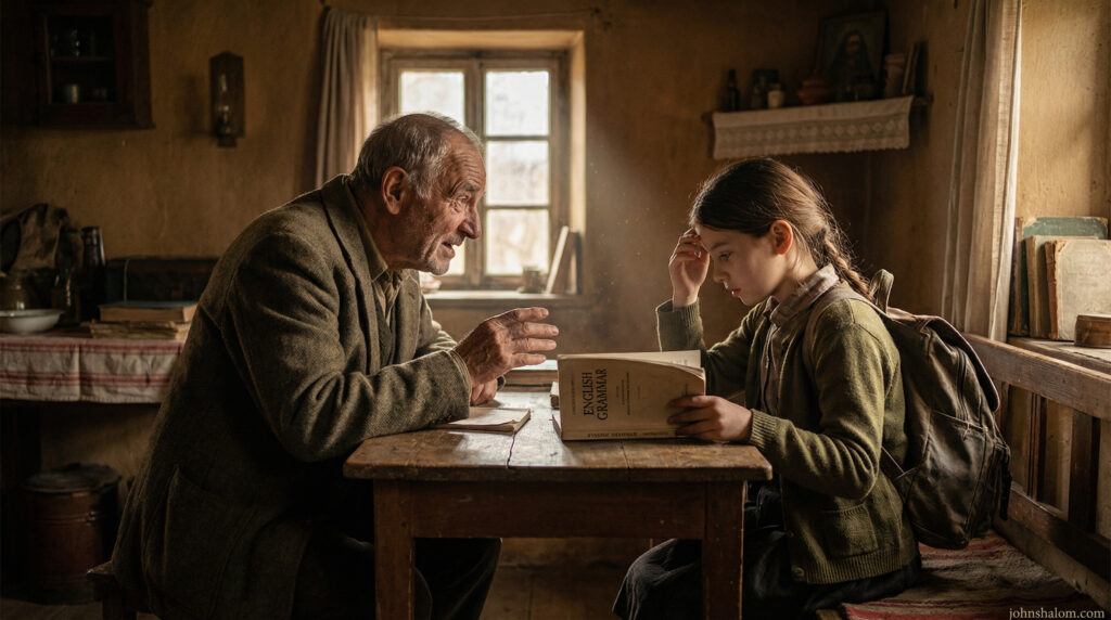 An elder speaks to a child in a mother tongue while the child hesitates, holding a schoolbook in another language.