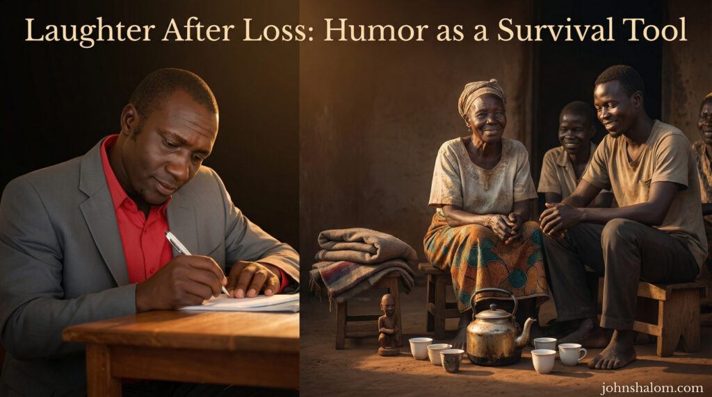 A gentle scene with people sharing a quiet smile after a hard moment, simple objects nearby, symbolizing how humor helps people survive loss and pain. The image reflects resilience, humanity, and emotional release.